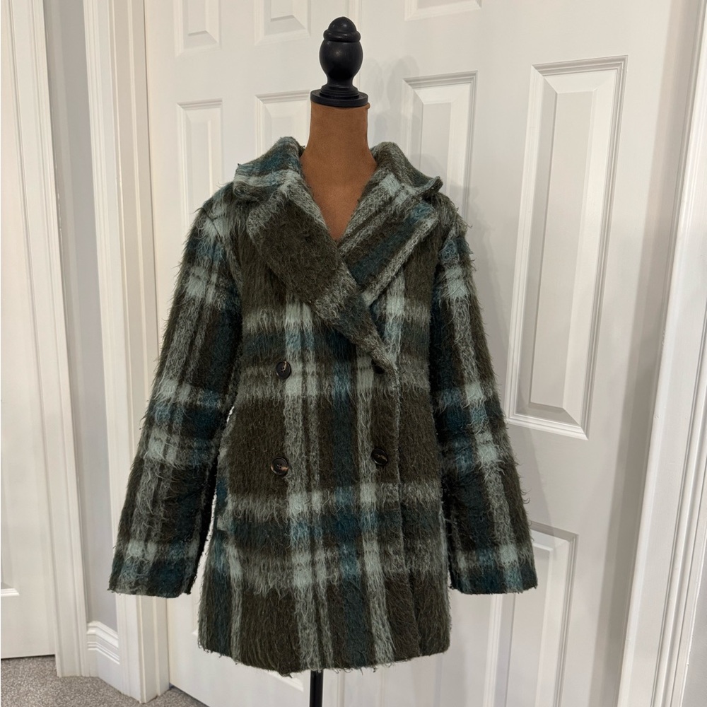 Halogen Green and Gray Shag Double Breasted Coat
